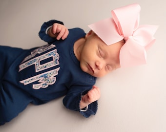 Baby girl coming home outfit, hospital outfit, monogrammed, personalized, sk creations, navy ruffle