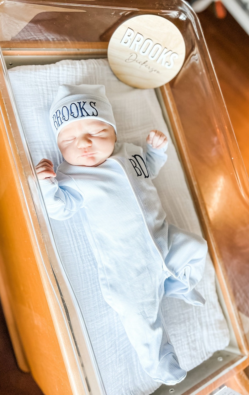 Baby boy coming home outfit, Monogrammed footie, Baby gift, Monogrammed sleeper, blue tiny stripes image 1
