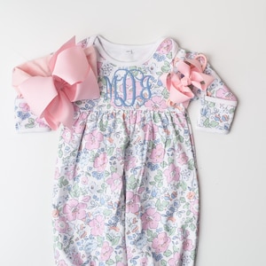 Baby girl coming home outfit, monogrammed baby girl outfit, personalized baby girl gown, floral name gown, embroidered coming home outfit