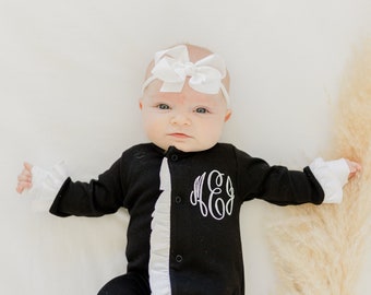 Baby girl coming home outfit, personalized coming home outfit, ruffle footie, ruffle outfit, sk creations, pima cotton, ruffle footie, boho