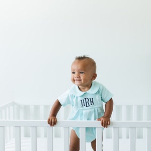 Monogrammed baby boy bubble, boy Easter outfit, personalized boys sunsuit, boys picture outfit, preppy baby boy clothing, shower gift, mint image 3