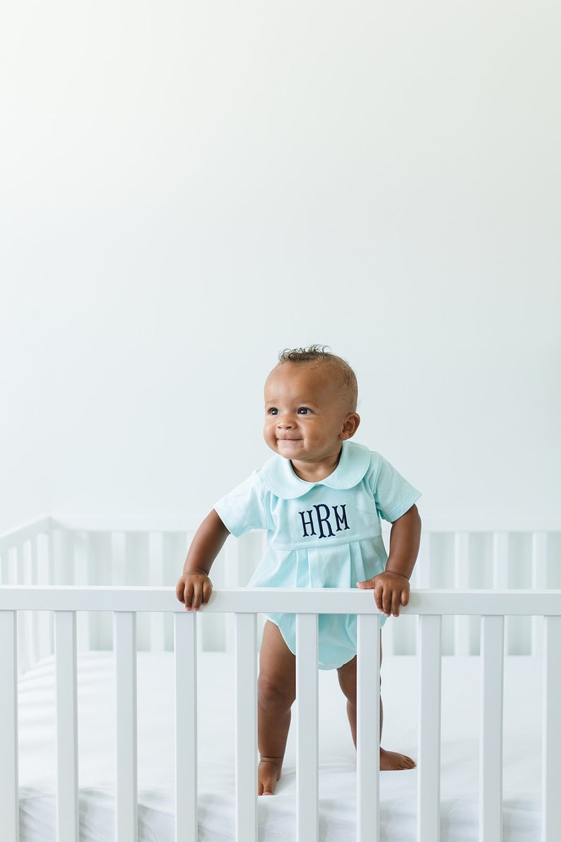 Monogrammed baby boy bubble, boy Easter outfit, personalized boys sunsuit, boys picture outfit, preppy baby boy clothing, shower gift, mint image 3
