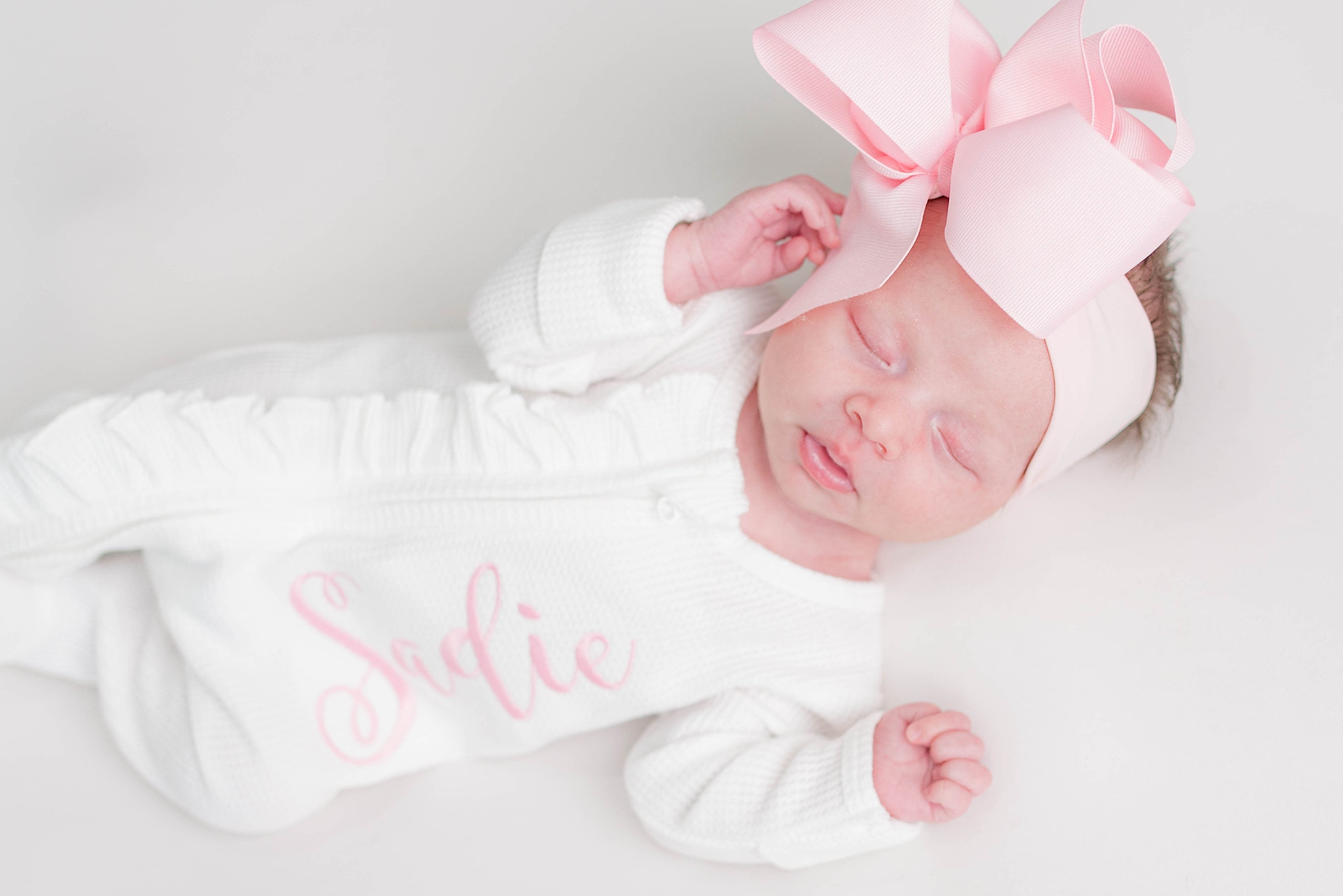 Baby girl coming home outfit, monogrammed footie, ruffle footie white, newborn picture outfit, baby girl clothing, baby shower gift, waffle