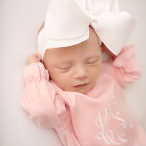 Baby girl coming home outfit, monogrammed ruffle romper, pima cotton, sk creations, Preemie, Newborn, pink