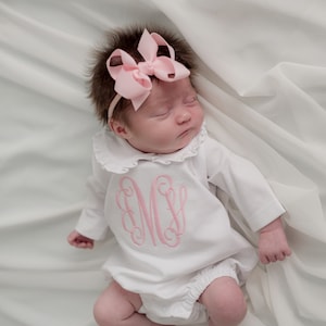 baby girl coming home outfit, Monogrammed bubble, personalized, baby clothing, shower gift, ruffle collar, sk creations, white long sleeve