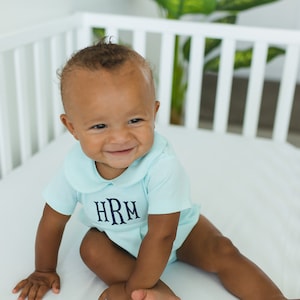 Monogrammed baby boy bubble, boy Easter outfit, personalized boys sunsuit, boys picture outfit, preppy baby boy clothing, shower gift, mint image 4