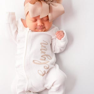 Baby girl coming home outfit, monogrammed footie, ruffle footie white, newborn picture outfit, baby girl clothing, baby shower gift, waffle