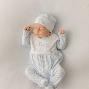 Baby boy coming home outfit, Monogrammed footie romper, Personalized Baby gift, sleeper, newborn pictures, blue mini stripe bib front footie