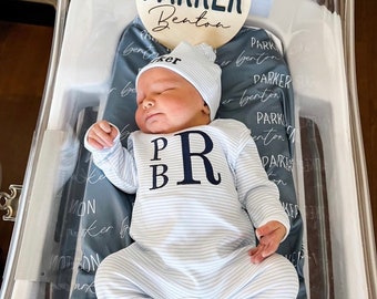 Baby boy coming home outfit, monogrammed coming home set, boys footie, Pima Cotton, sk creations, blue mini stripes