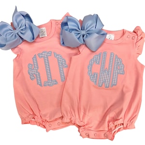 Baby girl bubble or romper, monogrammed outfit, personalized toddler girl, summer outfit, sk creations, monogrammed bubble