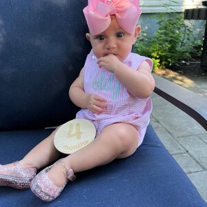 May include: A baby wearing a pink striped romper with the name "Lily" embroidered on the front, paired with a large pink bow and sparkly pink shoes. A wooden disc with "4 months" is held nearby. The baby is sitting on a navy blue cushion.