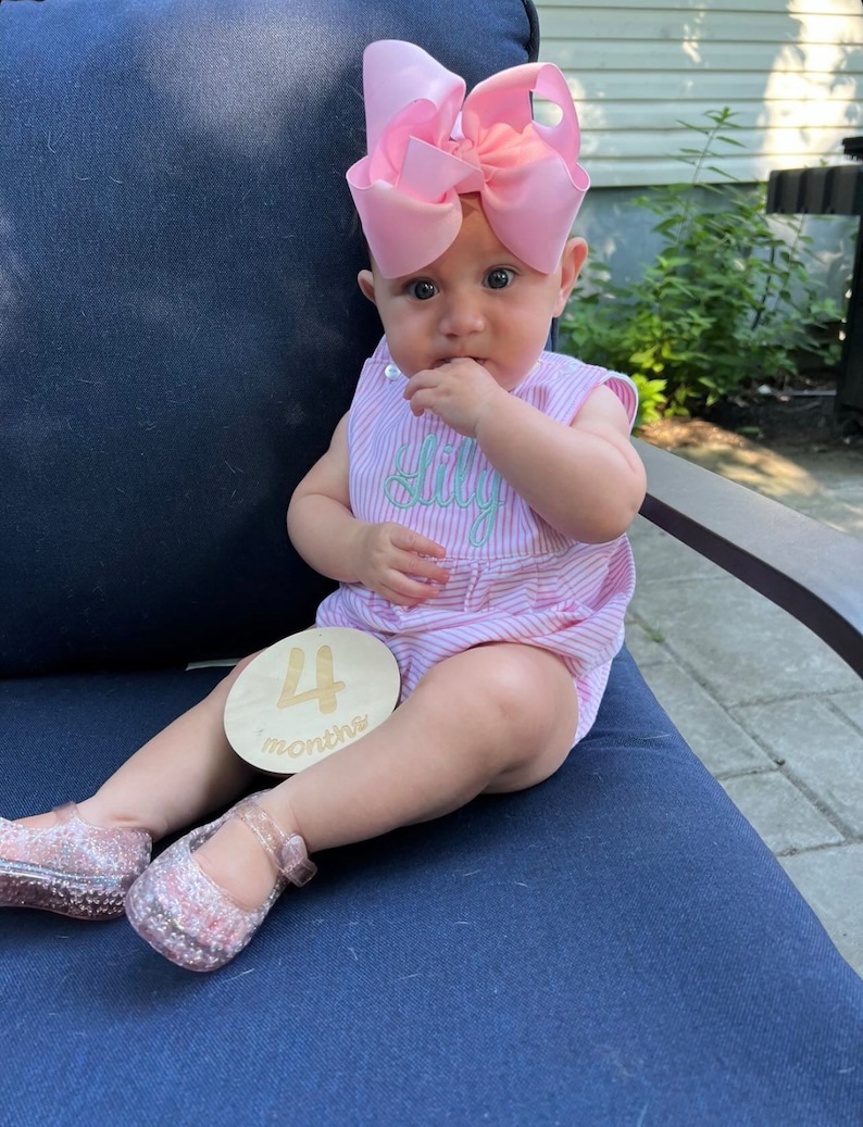 May include: A baby wearing a pink striped romper with the name "Lily" embroidered on the front, paired with a large pink bow and sparkly pink shoes. A wooden disc with "4 months" is held nearby. The baby is sitting on a navy blue cushion.