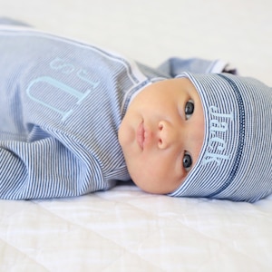 Baby boy newborn coming home outfit, baby shower gift, Monogrammed footie, Baby gift, Monogrammed sleeper, navy tiny stripes