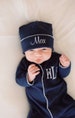 Baby boy coming home outfit, navy monogrammed footie and hat, sk creations, pima cotton 