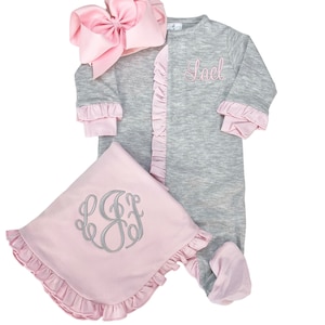 Baby girl coming home outfit, monogrammed footie, ruffle footie greyand pink, newborn picture outfit, baby shower gift, pima cotton