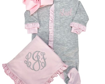 Baby girl coming home outfit, monogrammed footie, ruffle footie greyand pink, newborn picture outfit, baby shower gift, pima cotton