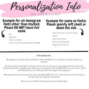 May include: A pink and white graphic with instructions for personalising a monogram or name on a product. The graphic includes examples of fonts and colours, and instructions for specifying the placement of the name on the product. The text includes the phrase "SK Creations".