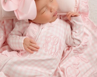 Baby girl coming home outfit, monogrammed newborn girl outfit, blanks pink gingham