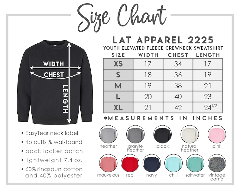 Puede incluir: Sudadera negra de cuello redondo para j&oacute;venes con una tabla de tallas. La tabla muestra medidas en pulgadas para las tallas XS a XL, incluyendo ancho, pecho y largo. Incluye etiqueta de cuello EasyTear, pu&ntilde;os de canal&eacute; y parche en la espalda.