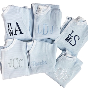 Baby boy coming home outfit, Monogrammed footie, Baby gift, Monogrammed sleeper, blue tiny stripes image 8