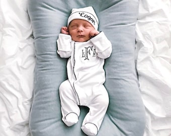 Baby boy coming home outfit, newborn coming home outfit, Navy boys outfit, monogrammed footie, baby shower gift, pima cotton, newborn photos