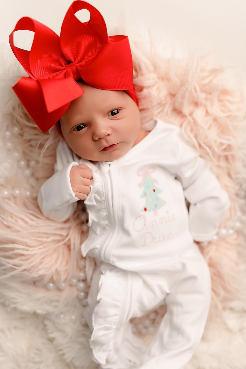 Conjunto navideño para bebé niña, conjunto navideño para recién nacida, pijama enterizo con cremallera, diseño de punto de cruz imagen 7