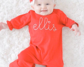 Baby girl Christmas outfit, monogrammed ruffle romper, Baby girl Christmas outfit, newborn clothing, pima cotton, sleeper, sk creations