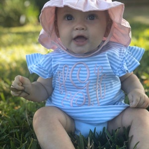 Baby girl outfit, monogrammed bloomer set, personalized baby shower gift, girls summer clothing, birthday gift, pima cotton, blue stripes image 4