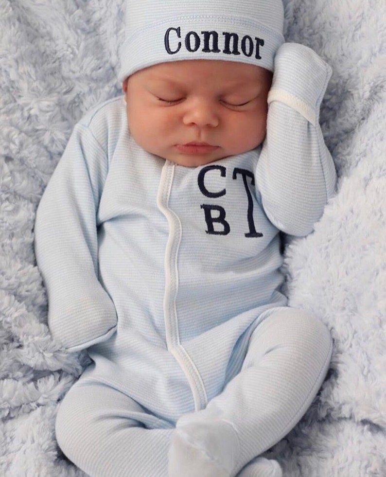Baby boy coming home outfit, Monogrammed footie, Baby gift, Monogrammed sleeper, blue tiny stripes image 3