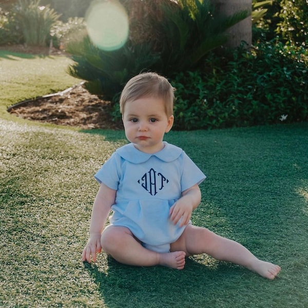 Monogrammed baby boy bubble, boy Easter outfit, personalized boys sunsuit, boys picture outfit, preppy baby boy clothing, baby shower gift