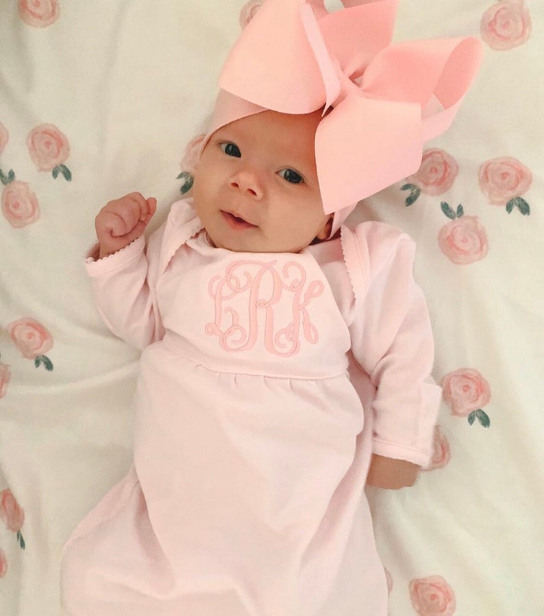 Baby girl coming home outfit, Monogrammed gown, Personalized Baby gift, Monogrammed sleeper, pima cotton, newborn pictures, shower gift Gown & Bow Headband