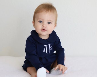 Baby boy coming home outfit, monogrammed bubble, photo outfit, long sleeve pleated bubble, pima cotton, baby boy collar outfit, navy outfit