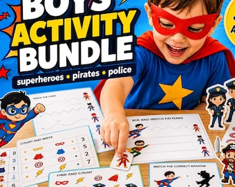 Jungen Aktivitätspaket | Superhero, Pirate & Polizei Druckbare Spiele für Kinder | Vorschul Arbeitsblätter PDF