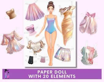 Afdrukbare pdf paper doll, modieuze verkleedpopset met outfits, stille tijd