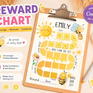Editable Reward Chart for Kids, Bee Chore Chart, Behavior Chart for Toddlers, Printable Reward Chart, Canva Template, PDF Download