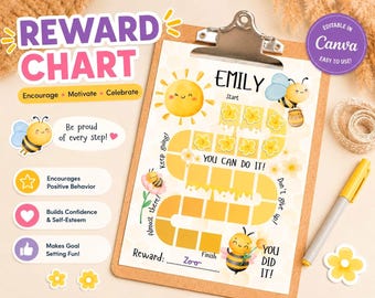 Bearbeitbare Belohnungstabelle für Kinder, Bienen-Aufgabentabelle, Verhaltenstabelle für Kleinkinder, druckbare Belohnungstabelle, Canva-Vorlage, PDF-Download