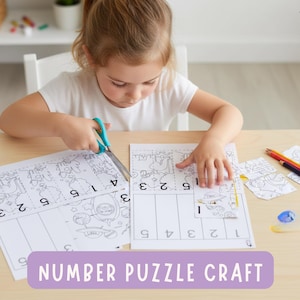 Number Puzzle Craft, Scissor Cutting and Coloring Worksheets (PDF Download)