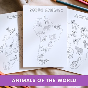 May include: Three white paper sheets with black line drawings of world maps labeled "Europe", "South America", and "Africa". Each map features animal illustrations. The bottom banner reads "ANIMALS OF THE WORLD". Colored pencils are in the background.