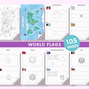 World Flags Coloring Pages for Kids, 195 Country Flags Printable, Educational Geography Activity,  Homeschool Learning Resource