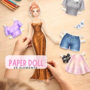 Puede incluir: Una muñeca de papel con un vestido dorado brillante y varias prendas de papel, incluyendo una blusa morada, pantalones cortos de mezclilla y una falda rosa. Se muestra el texto "PAPER DOLL 25 ELEMENTS".