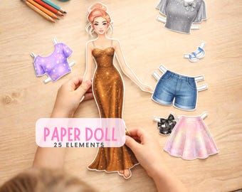 Druckbare Papierpuppe mit Kleidung PDF, modische Anziehpuppe Set mit Outfits, Quiet Time Aktivität