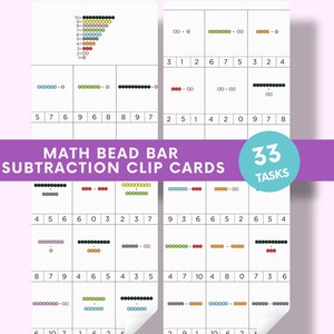 Math Worksheets | Subtraction With Montessori Bead Bars | Printable Homeschool Learning Sheets | Clip Cards For Fun Learning