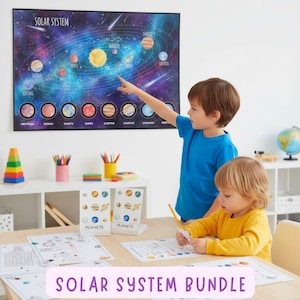 Paquete de aprendizaje del Sistema Solar / Libro de actividades sobre los planetas / Póster del espacio / Tarjetas didácticas de astronomía / Material de ciencias para la educación en casa imprimible