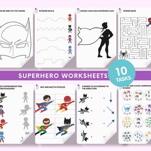 Peut inclure: Une collection de feuilles de travail sur le thème des super-héros avec diverses activités. Comprend un contour de masque Batman, des exercices de ciseaux, la conception d'une cape et un labyrinthe Spider-Man. Les feuilles de travail proposent des tâches telles que l'association d'ombres et la connexion de directions.