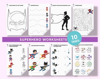 Libro de actividades de superhéroes, hojas de trabajo imprimibles para niños pequeños, actividades para preescolar y jardín de infancia, páginas para colorear en PDF.