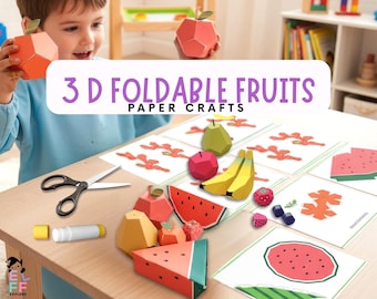 Frutas de papel plegables en 3D / Manualidades de papel imprimibles para niños (Descarga digital)