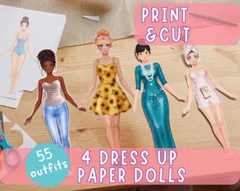 Papierpuppe Printable Set | 4 Papier Anziehpuppen | Papier Puppenkleidung zum Ausdrucken | Kinder Druckbare Aktivität | PDF-Download