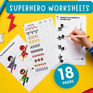 Könnte beinhalten: Arbeitsblätter zum Thema Superhelden mit farbenfrohen Illustrationen und dem Text "SUPERHERO WORKSHEETS". Die Arbeitsblätter umfassen Zuordnungsrätsel und Verbindungsaktivitäten. Ein Kind hält einen Bleistift. Der Hintergrund ist gelb.