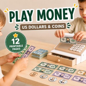 Puede incluir: Un conjunto de dinero de juguete imprimible con dólares estadounidenses y monedas, incluyendo varias denominaciones de billetes y fichas circulares. El set incluye 12 páginas imprimibles, junto a una caja registradora de juguete de madera.