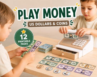 Spielgeld zum Ausdrucken, US-Dollar & Münzen, Spielkasse zum Spielen, Lernen mit Geld für Kinder, PDF-Download
